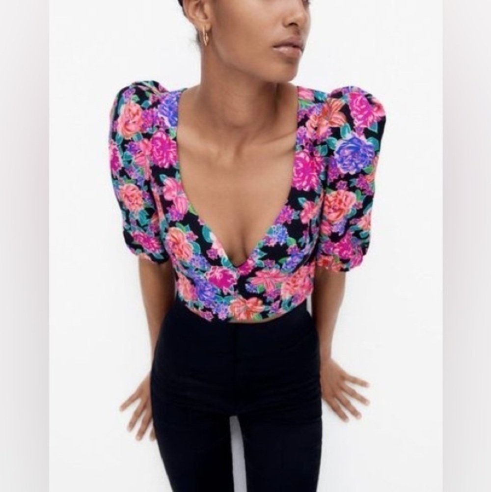 ZARA Floral Puff Sleeve Top size XS EUC - Picture 3 of 9